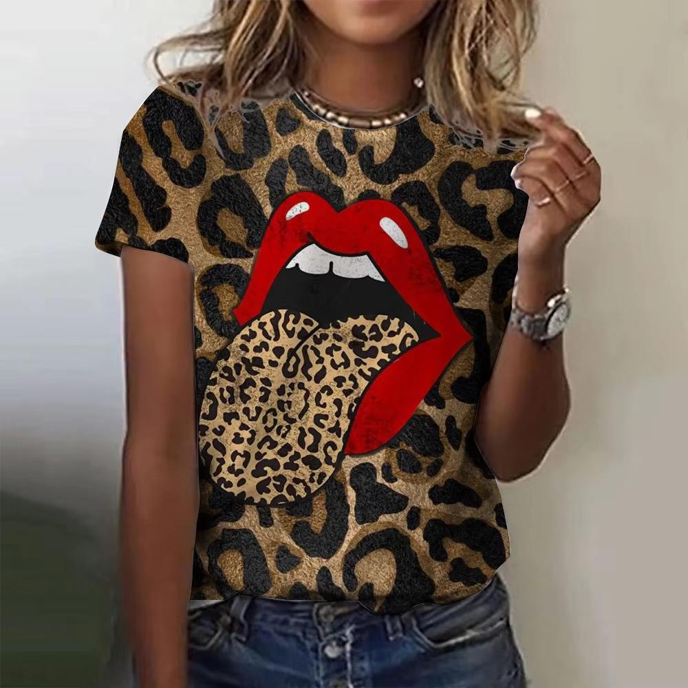 Sommer Rundhals 3D Leopardenmuster Bedrucktes Oberteil Modische Lässige Kurzarm Damen T-Shirts