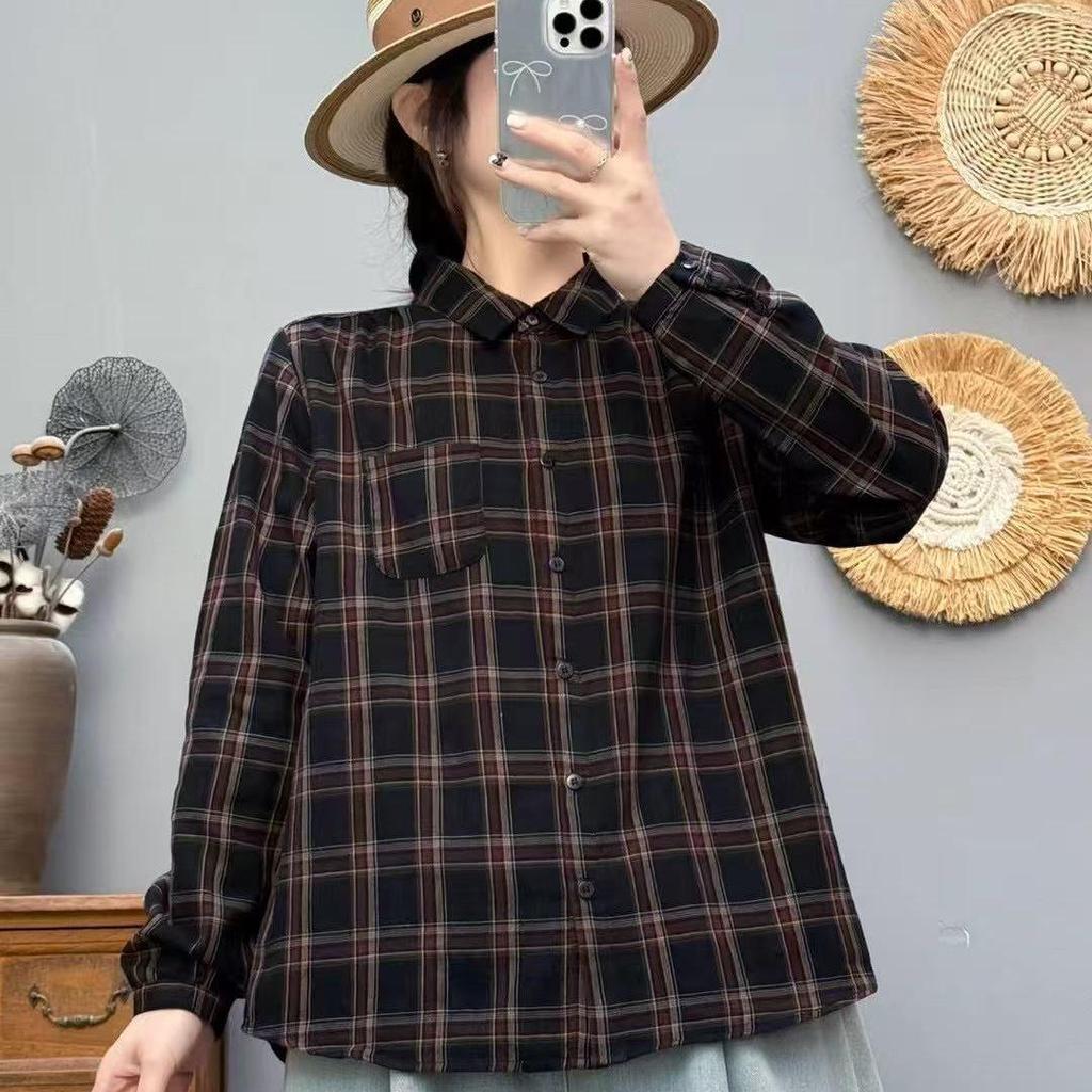 2025 Spring Women's Plaid Loose Casual Korean Style Academy Double Layer Gauze Long Sleeve Shirt