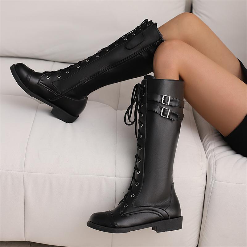Women Knee High Long Boots Round Toe Thick Mid Heels Buckle Lace-up Zipper Gogo Boots Ladies Fashion Shoes Autumn Winter 46