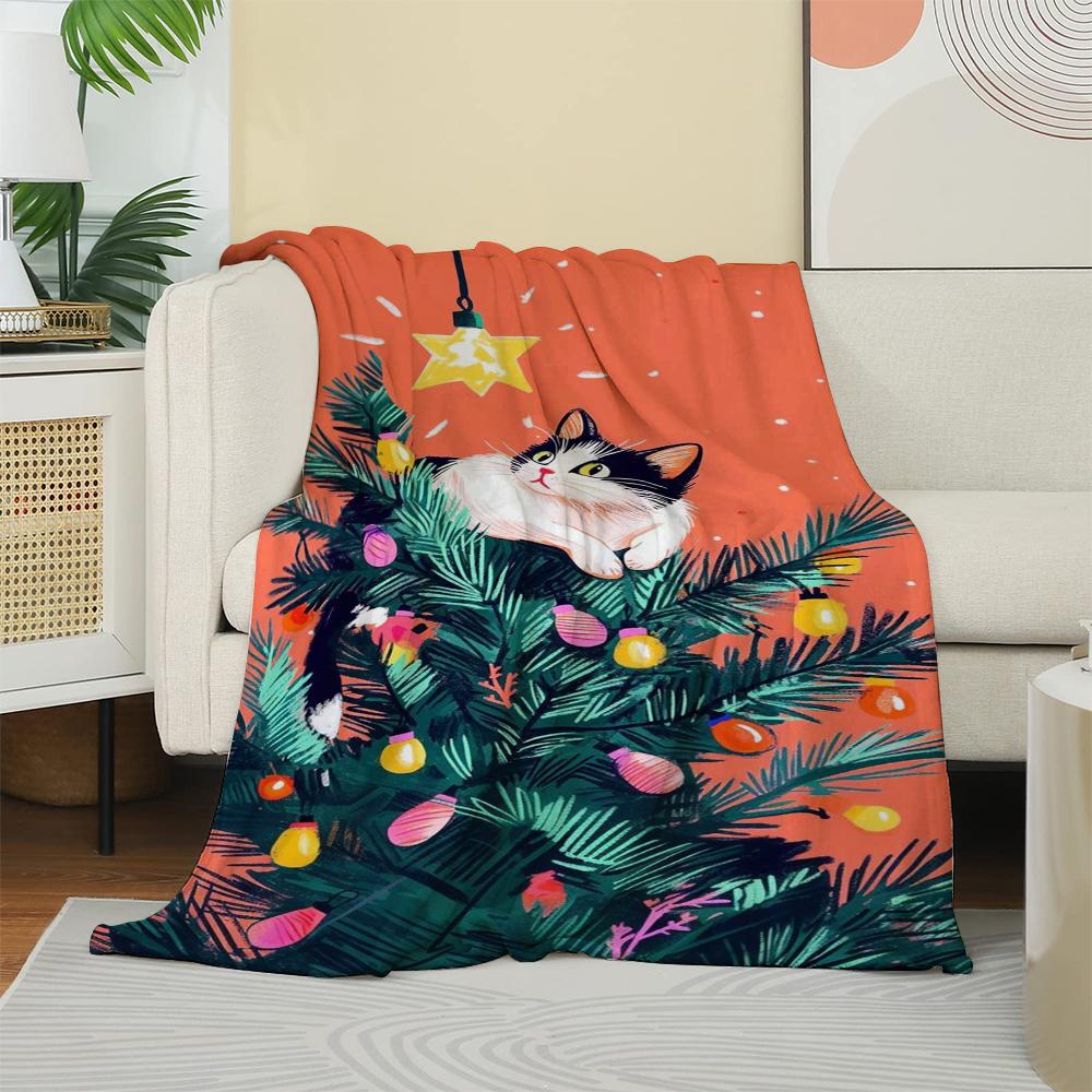 Kerst Kat in Boom met Lichtjes Sterpatroon Fleece Deken Feestelijke Winter Vakantie Werpdeken Zacht Knus voor Bank Bed Cadeau
