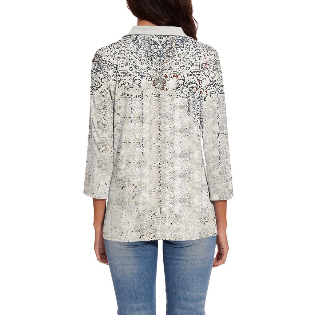 Women's Quarter Sleeved T-shirt With V-neck Button Up Shirt, Vintage Floral Print Loose Top
