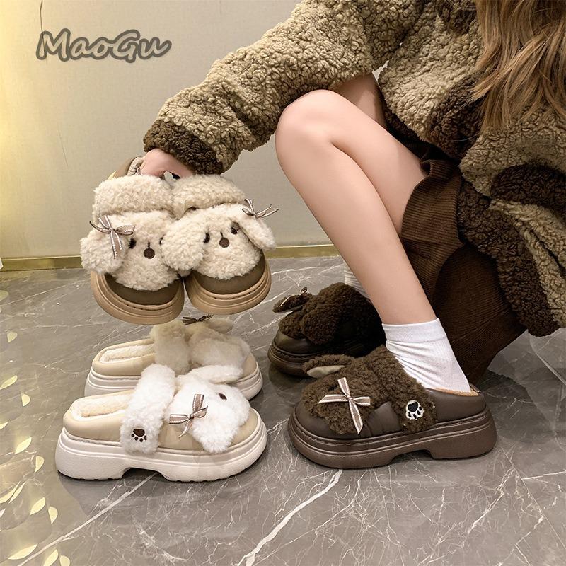Fashion Cute Short Plush Cartoon Puppy Indoor Slippers Women Winter Warm Faux Fur Cotton Slides Comfortable Thick Bottom Bedroom Slipper