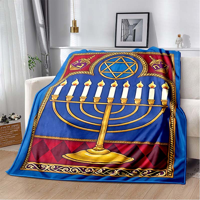 Jewish Hanukkah Golden Menorah Dove Star Of David Vintage Blue Red Border Print Soft Flannel Throw Blanket Warm Sofa Bed Decor Cover For Holiday Fans
