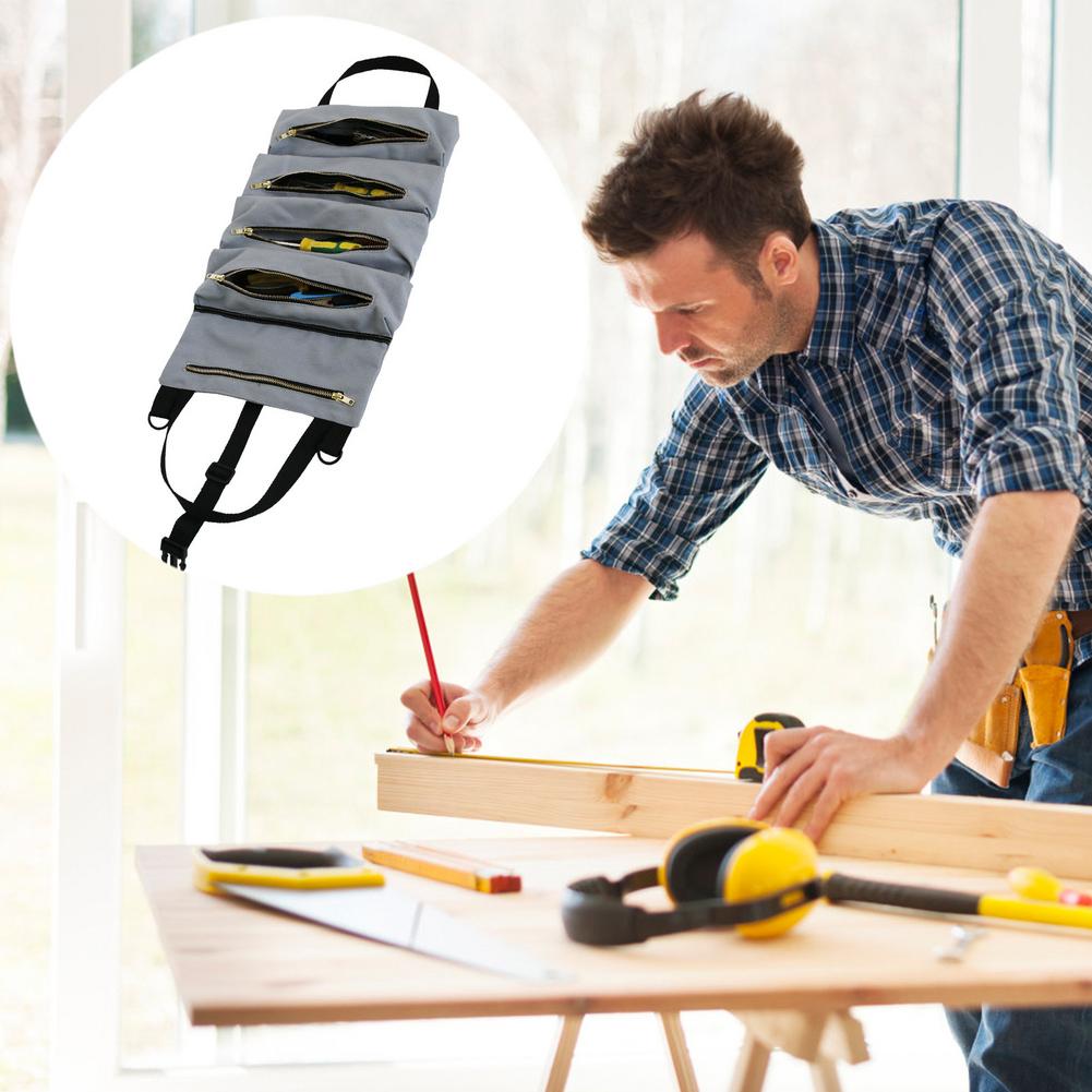 Wrench Roll Up Pouch Durable Roll Up Tool Bag Canvas Heavy Duty Tool Roll Organizer Bags With Five Large Pockets For Tools