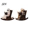 Spooky Bookshelf Ornament Halloween Rocking Chair Ghost/Skeleton Ornament, Wooden Desktop Decoration, Dynamic Unique Mantelpiece Ghost Figurine