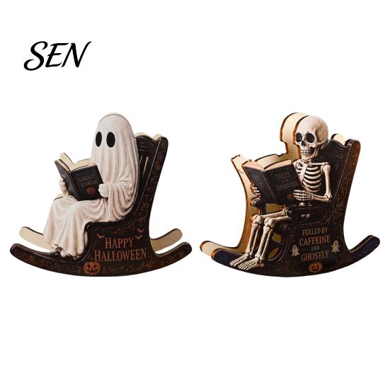 Spooky Bookshelf Ornament Halloween Rocking Chair Ghost/Skeleton Ornament, Wooden Desktop Decoration, Dynamic Unique Mantelpiece Ghost Figurine
