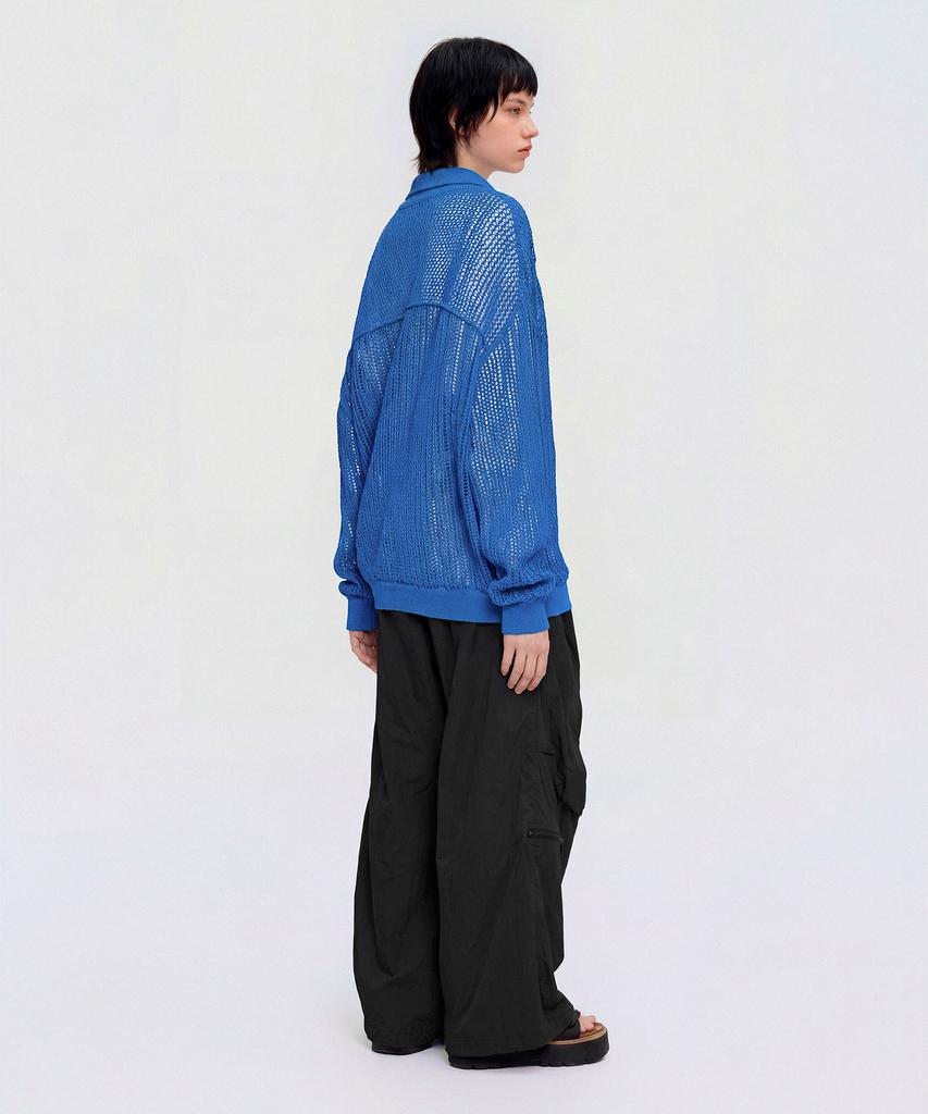 CUTZ Mesh Boucle Open Collar Pullover (Blue)