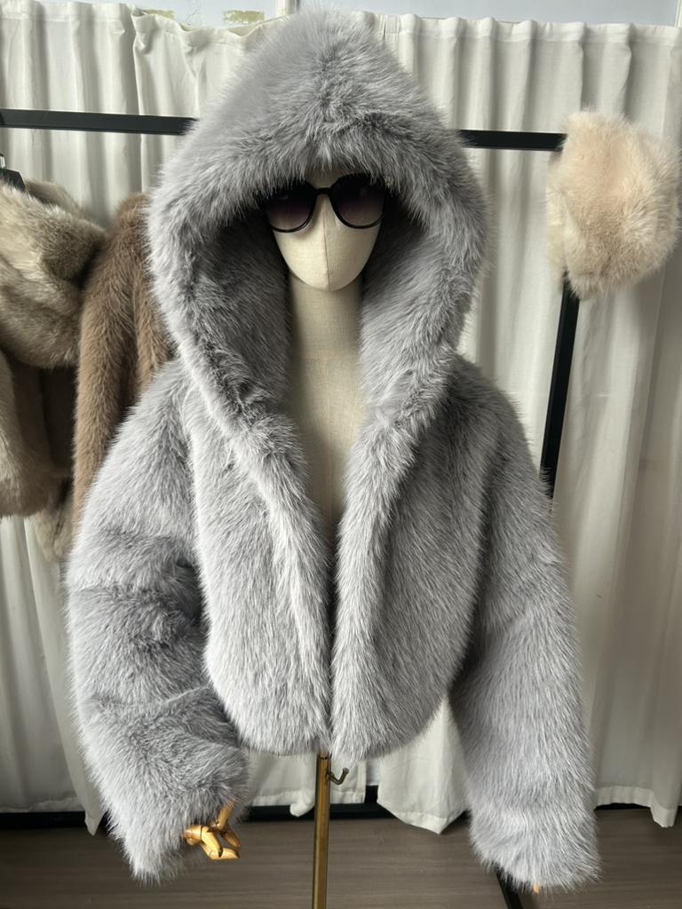 VAYLA Women Faux Fur Short Coats Y2k Hooded Jackets Long Sleeves Covered Single Breasted Thick Loose Fit Casual  Autumn Winter