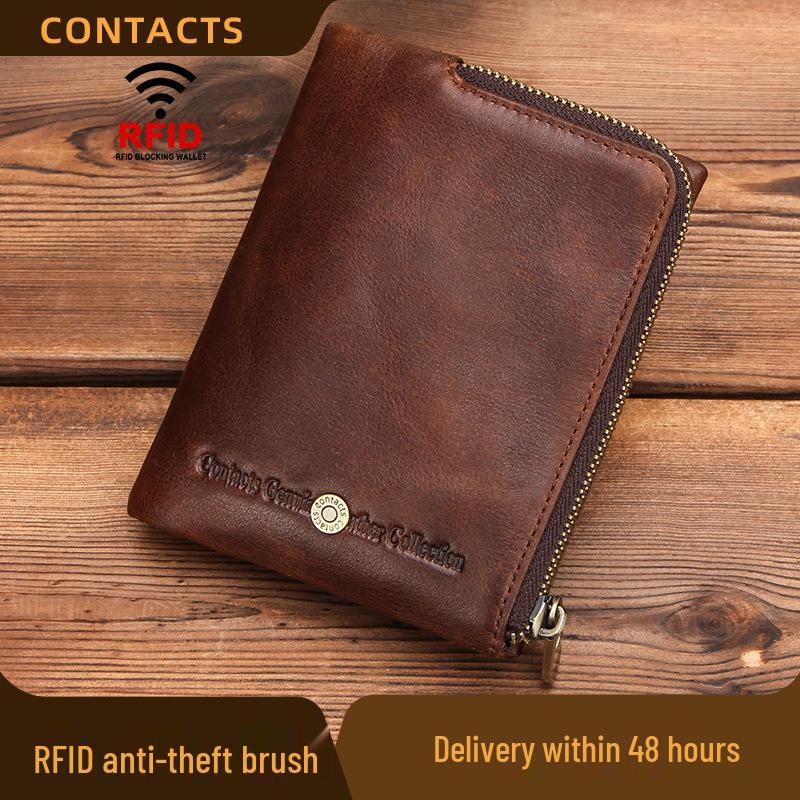 Black Angel RFID Anti-Theft Men's Wallet - Genuine Cowhide, European & American Trend, Zipper Coin Purse.