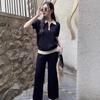 Womens Knit Polo Top Wide-Leg Pants Set 2025 Loose Fit Slimming Casual Outfit In Black Gray Camel