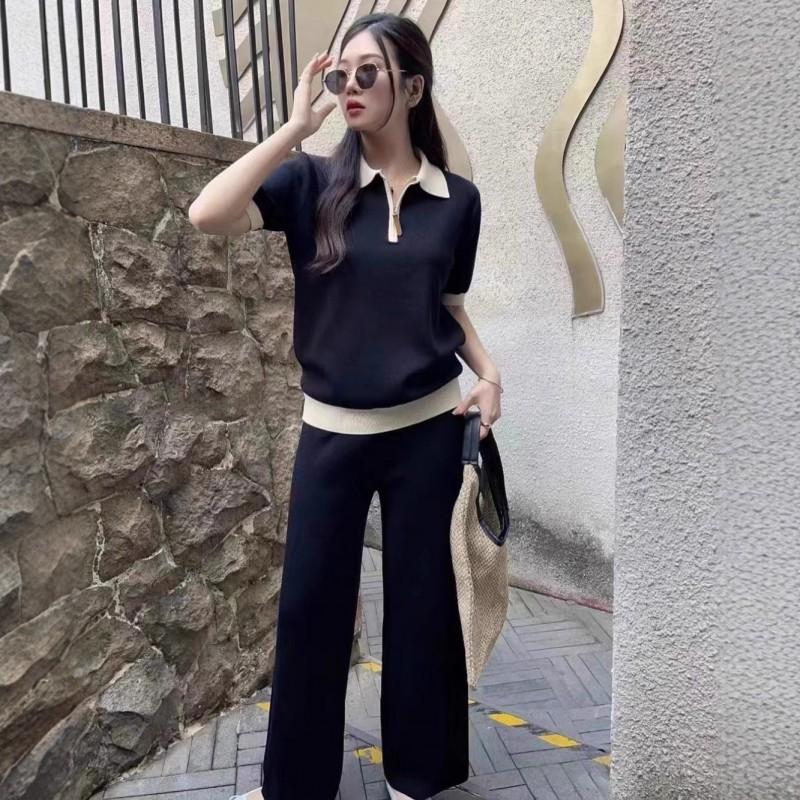 Womens Knit Polo Top Wide-Leg Pants Set 2025 Loose Fit Slimming Casual Outfit In Black Gray Camel