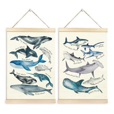 Educational Poster Whales Ocean Animal Poster for Kids Room Playroom Nursery Featurings Cute Animals Wood Hanger Frame