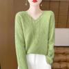 2024 Autumn/Winter Pure Wool V-Neck Loose Fit Women's Sweater with Hollow Diamond Cable Knit Design