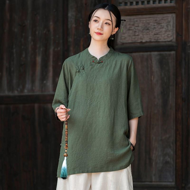 Johnature Vintage Women Shirts Stand Half Sleeve Solid Color Blouses Summer Button Chinese Style Loose Shirts