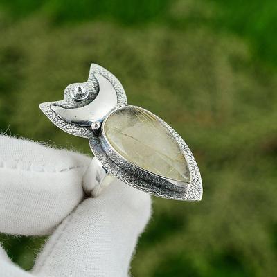 925 Silver Golden Rutile Stone Handmade Crescent Moon New Solitaire Ring Jewelry