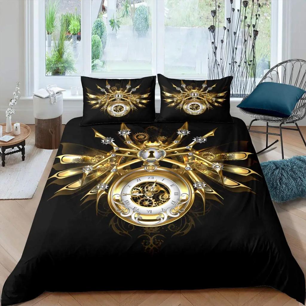 Zahnrad Bettbezug SetRetro Goldene Uhr Bettdeckenbezug Set Vollgröße Steampunk Stil Steppdeckel Mechanisches Gerät Bettwäsche Set