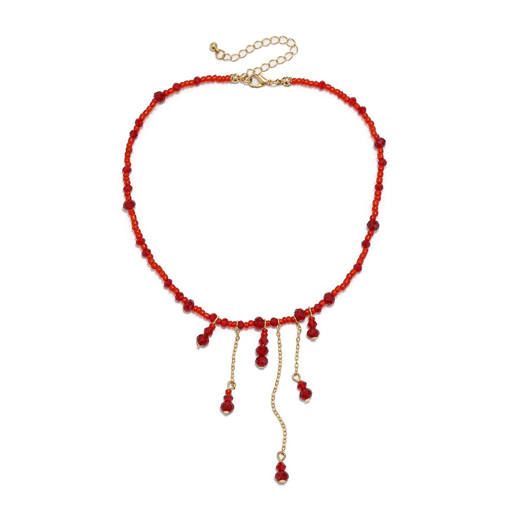 Halloween Blood Dripping Crystal Fringed Necklace, Gothic Red Beaded Collarbone Neck Chain Woman