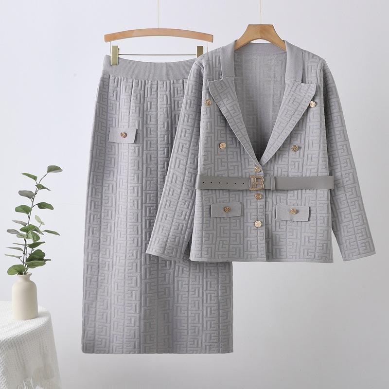 Autumn Winter Women Designer Knitted Sweater Two Piece Set Blazer Collar Cardigans Coat and Long Maxi Sheath Skirt Outfits With Belt