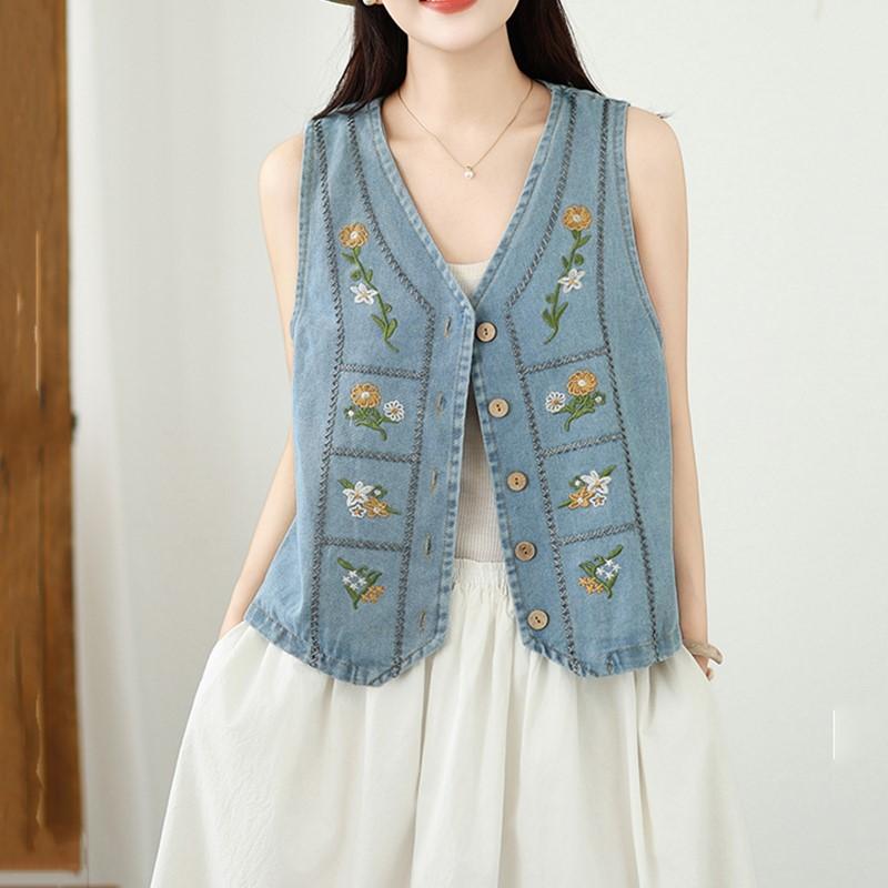 Sleevess plus size vintage embroidery floral denim vest jaket causal loose spring summer autumn women's jackets and vests