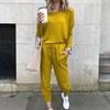 Sweatshirt Crewneck Long Sleeve Drawstring Elastic Waist Solid Color Women Fashion Sporty Top Long Pant for Daily Wear