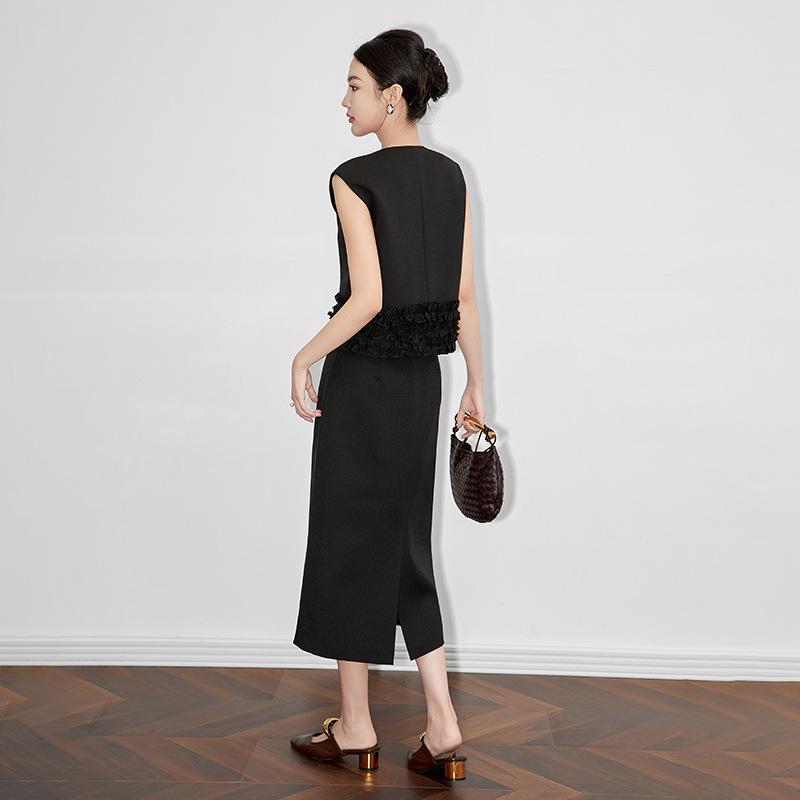 Stunning Fashionable Sleeveless Vest Coat & Midi Skirt Two-Piece Set