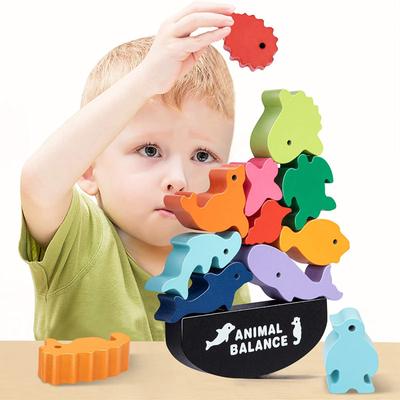 Neue Kinder Montessori Holz Tier Balance Blöcke Brettspiele Spielzeug Dinosaurier Pädagogisches Stapeln Hoher Baustein Holzspielzeug