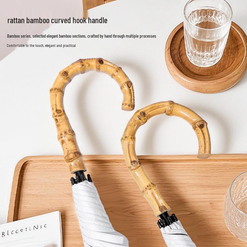 Bamboo Handle Two-Fold Umbrella - Lightweight Black UV Protection and Sunscreen Parasol