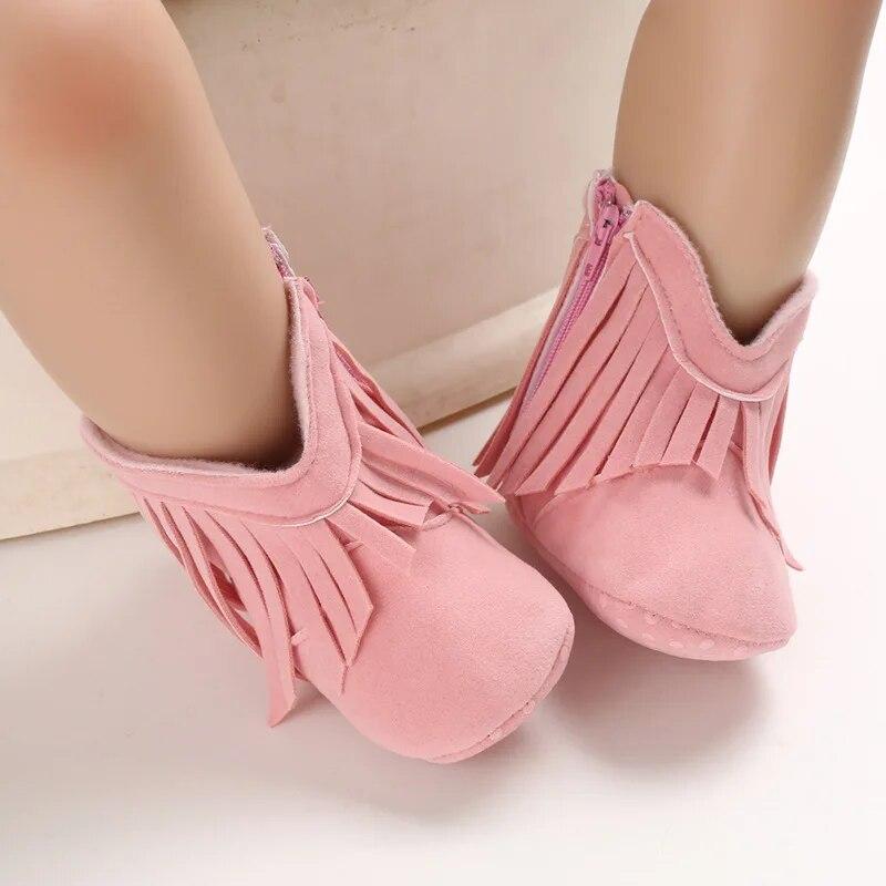 2023 Winter Säuglings Kleinkind Weiche Sohle Anti-slip Booties Neugeborenen Baby Junge Mädchen Fringe Solide PU Leder Krippe Gehen neue Weiche Schuhe