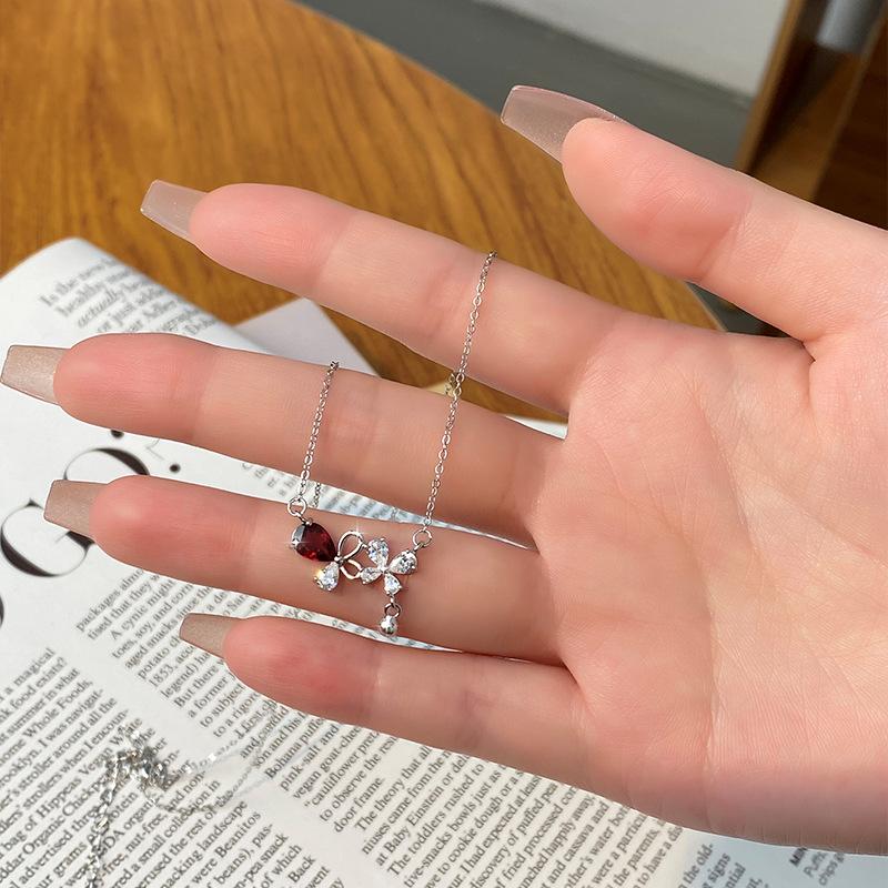 Natural crystal stone s925 sterling silver necklace women's light luxury garnet olivine butterfly love flower niche collarbone chain