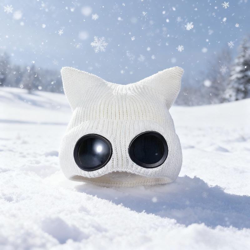 Little Devil Glasses Hat Knitted Mao Line Hat with Cat Ears Men Women Thickened for Warmth Ski Solid Color Ear Protection Windproof Pullover Hat