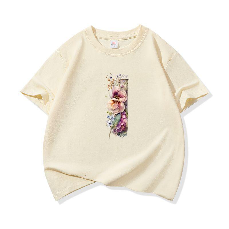 Kids Cotton T Shirt Floral Letter I Print Crew Neck Short Sleeve Tee Casual Boys Girls Summer Tops