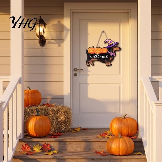 Pumpkin Theme Ornaments Halloween Ghost Welcome Door Hanger, Cute Wooden Sign with Witch Hat & Hanger Elements, Fall Indoor Outdoor Wall Decor
