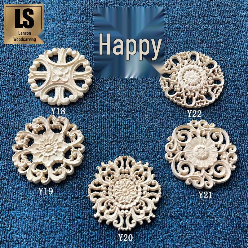 Ciondolo Fiore in Legno Intagliato Stile Europeo - Applique Rotonda in Gomma Legno Retrò per Arredamento Casa