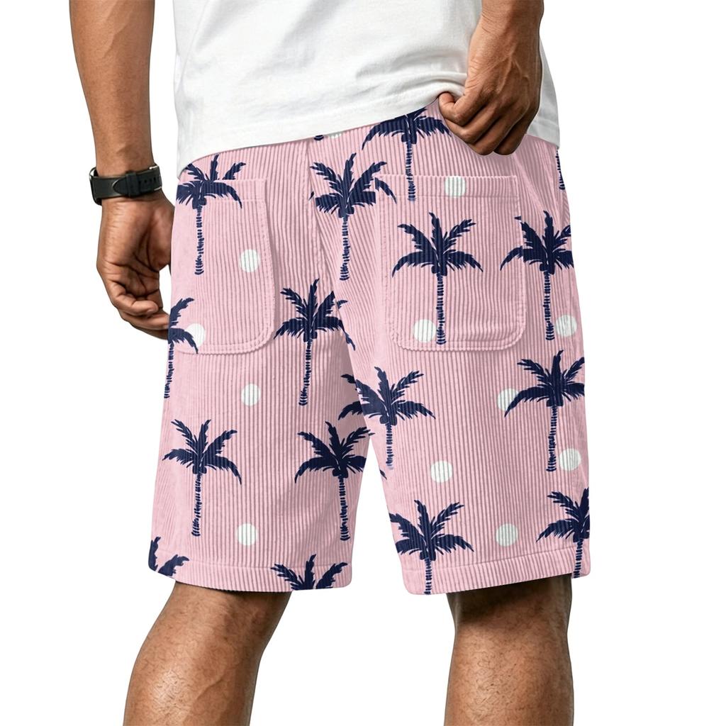 Men's Casual Corduroy Drawstring Shorts Tropical Leaf Print Lightweight Summer Beachwear Relaxed Fit Mid-Length Bottoms