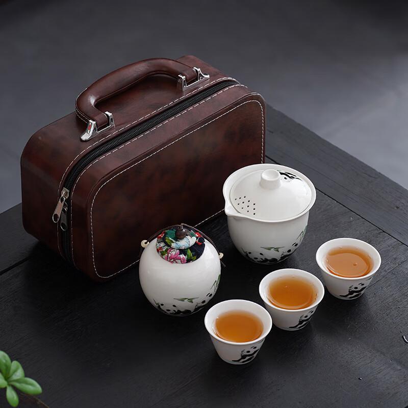 Panda Ceramic Portable Travel Tea Set 1 Pot 3 Cups + Tea Caddy + Brown Bag