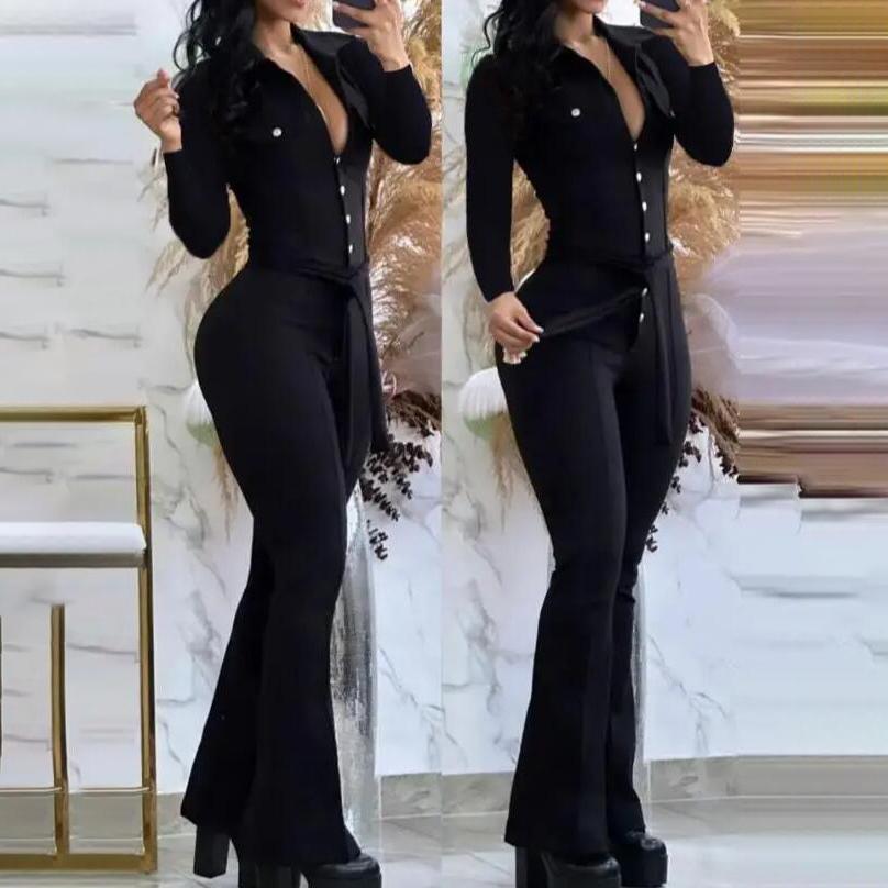 

FiveFive Комбинезон женский весенний модный застегивающийся на пуговицы завязывающийся деталь отложной воротник простой длинный рукав облегающий повседневный длинный расклешенный комбинезон XL чёрный