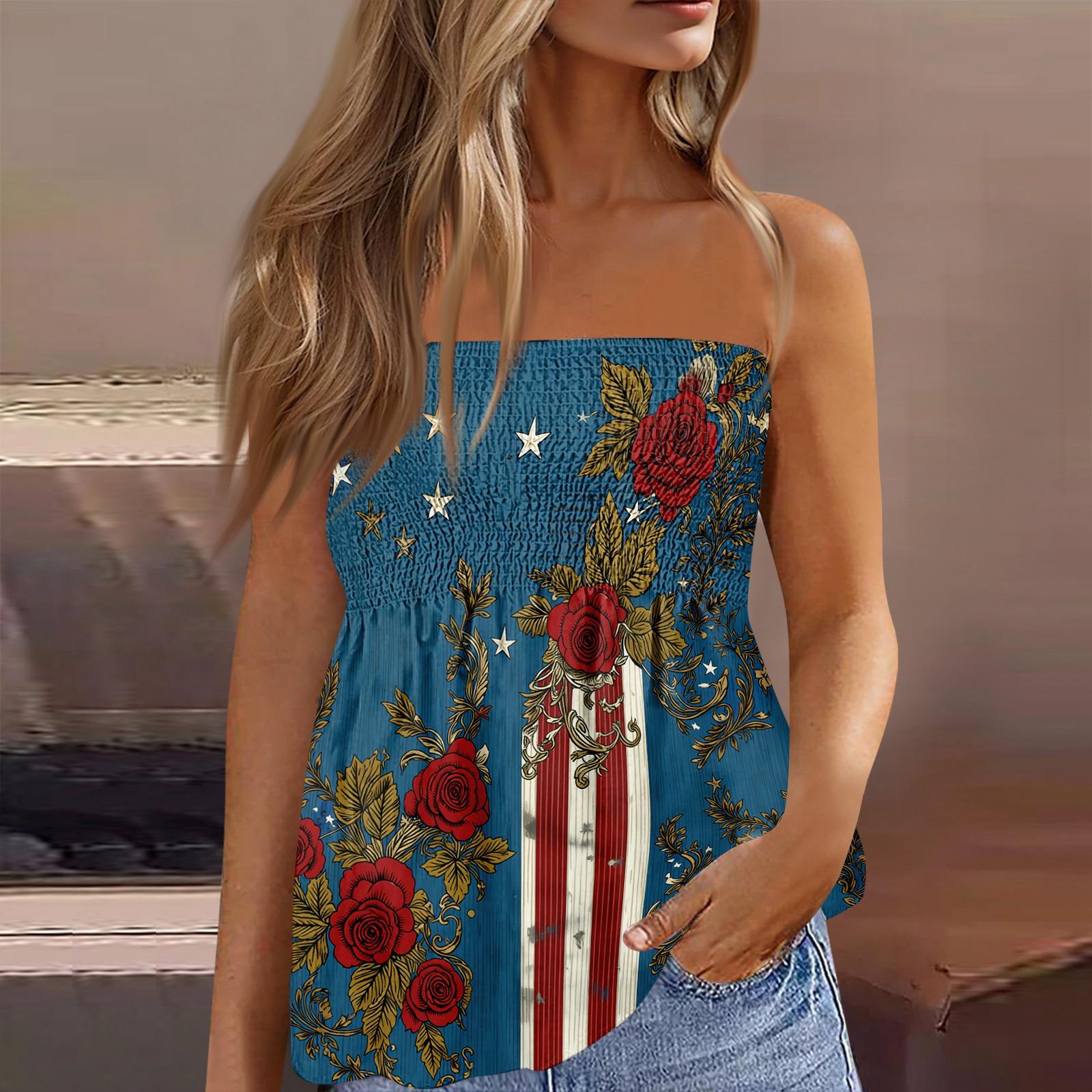 

Летние топы-трубы для женщин, милая сексуальная футболка без рукавов с принтом на открытых плечах L синий