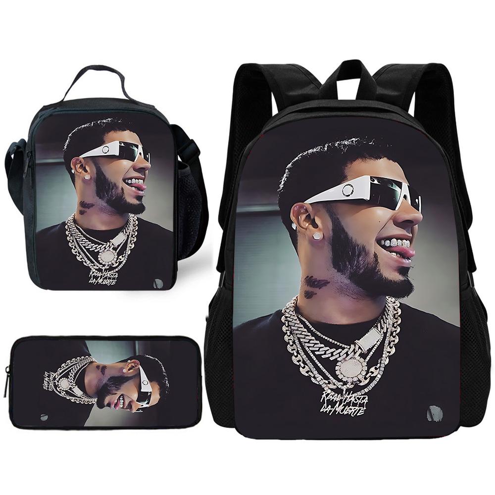 Fashion Hot Rapper Anuel AA Child School Backpack with Lunch Bags ,Pencil Bags ,School Bags for Boys Girls Best Gift