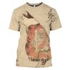 New Vintage T Shirt Men Japanese Style Short Sleeve Tops 3D Cat Tattoo Print O-neck T-shirts Oversized Tee Shirt Men Clothing
