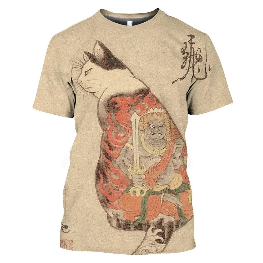New Vintage T Shirt Men Japanese Style Short Sleeve Tops 3D Cat Tattoo Print O-neck T-shirts Oversized Tee Shirt Men Clothing