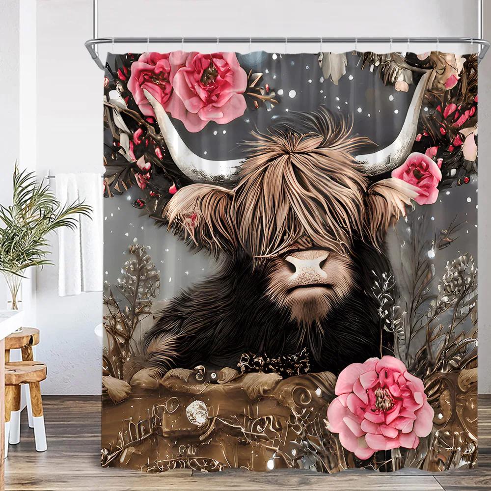 Lustige Badetiere Duschvorhänge Hochlandrinder Kuh Badewanne Druck Badezimmerdekorationen Cartoon Polyester Badvorhang