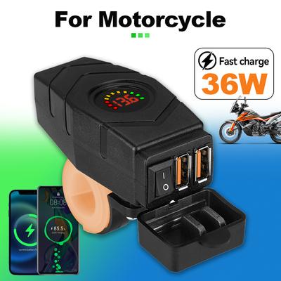 36W Motorcycle Dual USB Charger Handlebar QC3.0 Fast Charging Waterproof 12V Phone Socket Adapter With Voltmeter Display Accessories