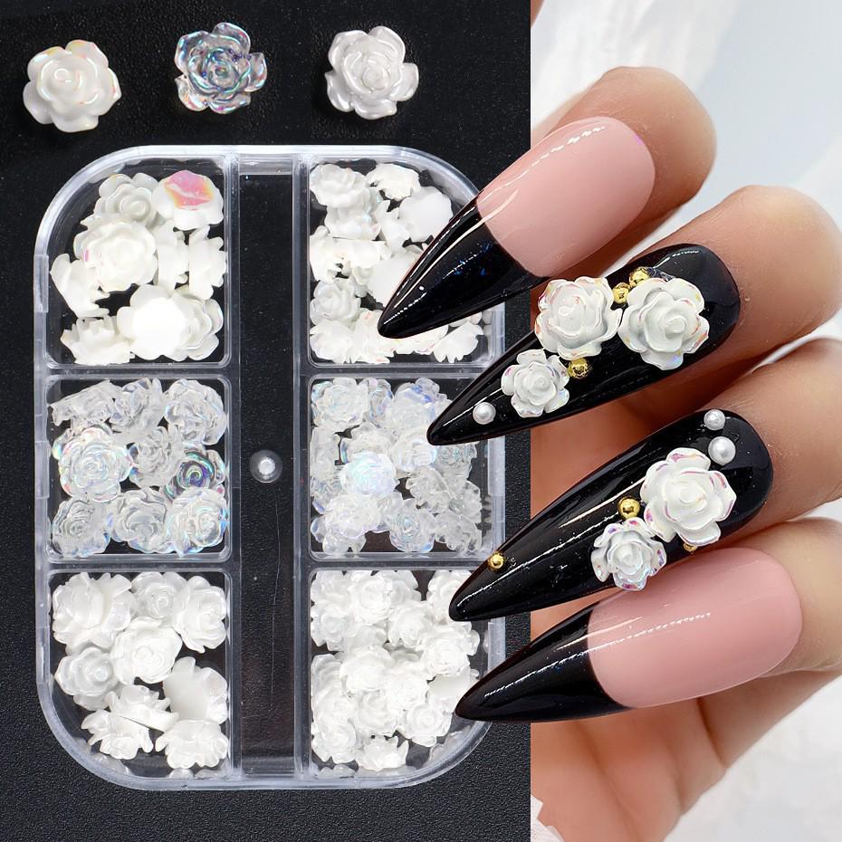 Boxed Set of 90 Camellia Resin Rhinestones for Nail Art - Iridescent 3D Flower Decorations In Various Sizes.
