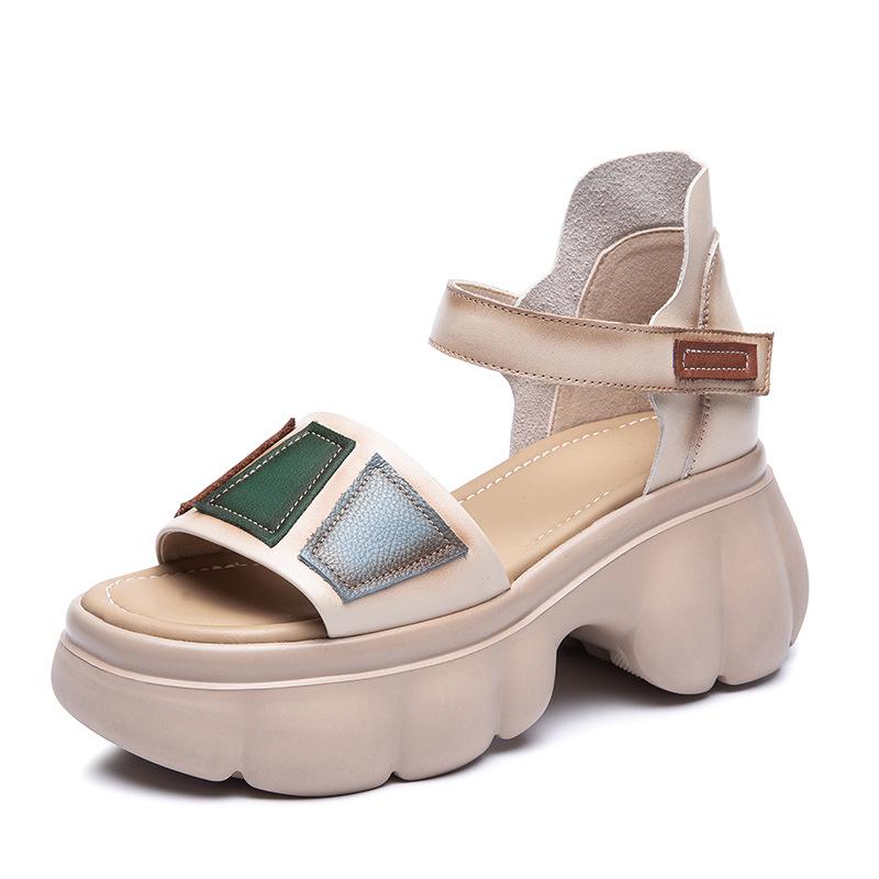 The first layer of cowhide sandals for women in the summer of 2025, the new breathable hollow ethnic style retro thick-soled muffin shoes for women