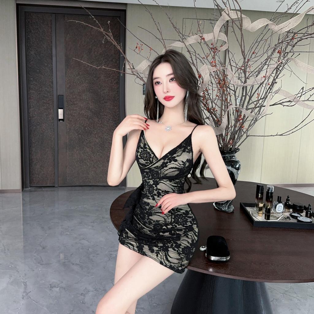 Sexy low-cut irregular lace V-neck suspender dress women's nightclub design ruffle edge hip skirt