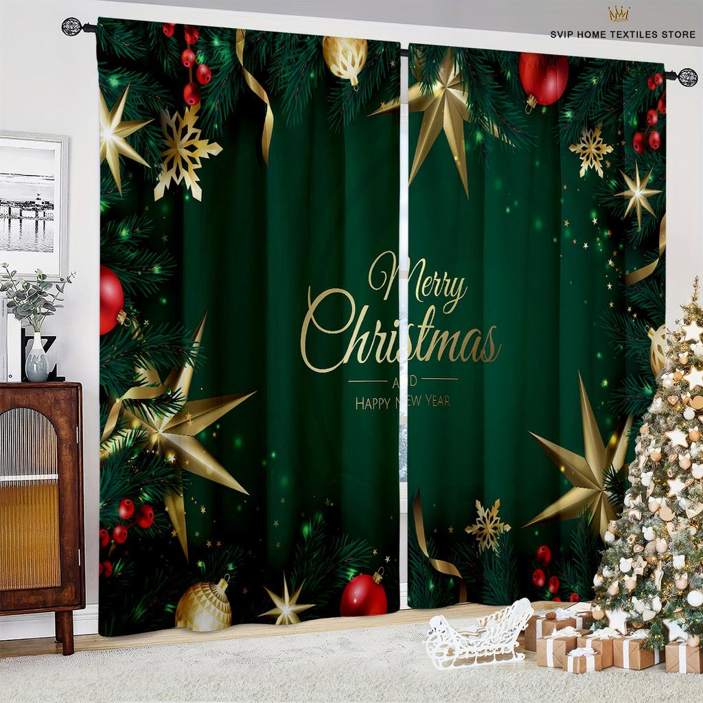 Christmas Animated Design Pattern Print Curtain, Snowflake Ball, Burgundy Car, Bedroom, Restaurant, New , Holiday Party Decoration, 2 Pcs