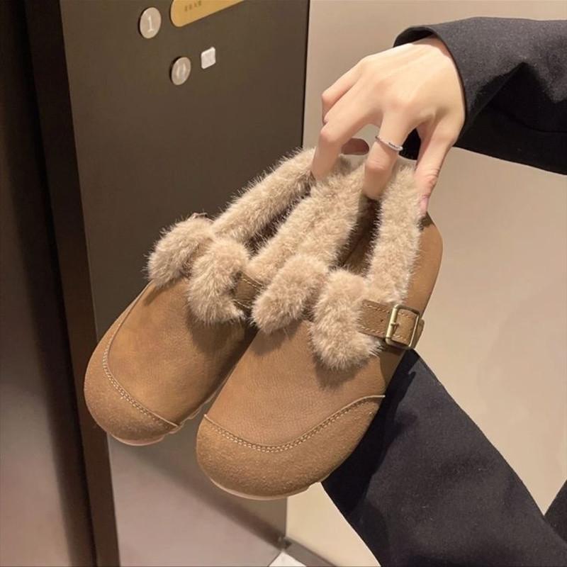 Calçado Outono e Inverno Tamanho Grande Retro Mais Veludo Bico Redondo Fundo Plano Quente Sapatos de Algodão Sapatos Femininos