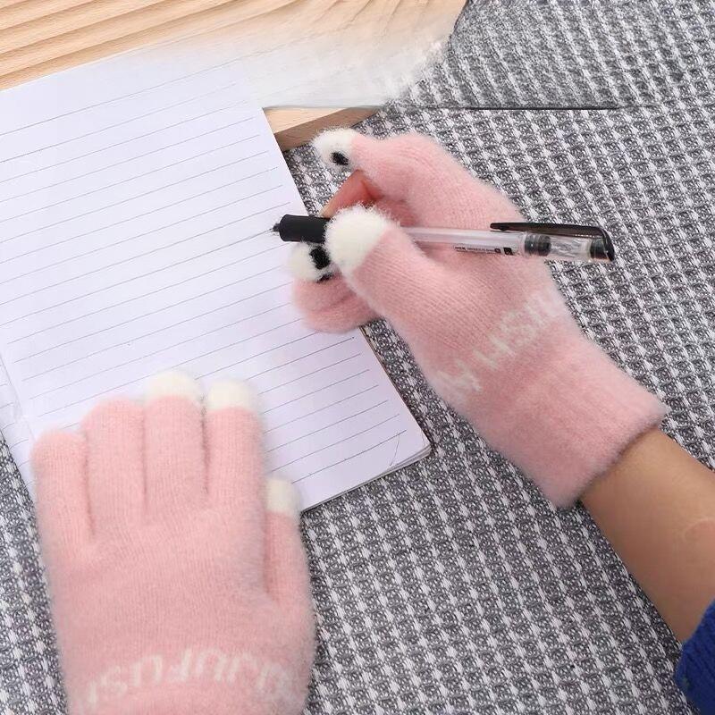 Winter Women's Cute Thickened and Warm Autumn and Winter Student Cycling Cold Proof Five Finger Exposed Touch Screen Cotton Gloves