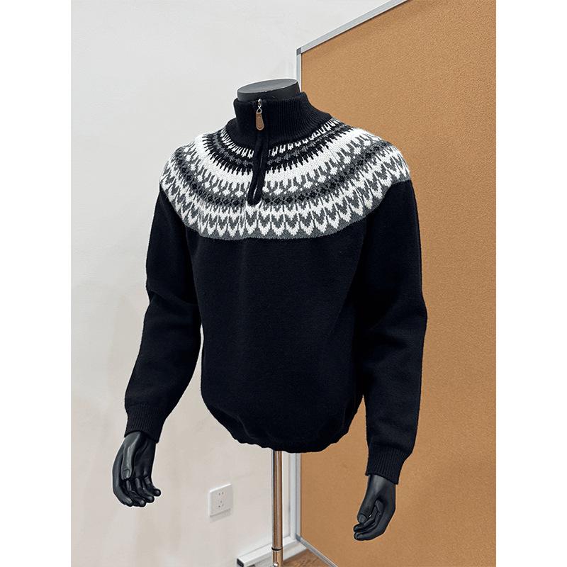 Men's Grey Fair Isle Half-Zip High Neck Sweater - Autumn/Winter Jacquard Knitwear