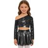 Kids Girls Jazz Dance Costume One Shoulder Long Sleeve Sequins Top with Elastic Waistband Metallic Tutu Skirt for Performance Competition